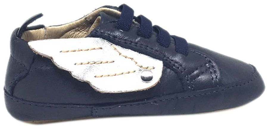 Old Soles Boy's and Girl's Navy & Silver Winged Leather Bambini Wings Elastic Lace Slip On Crib Walker Baby Shoe