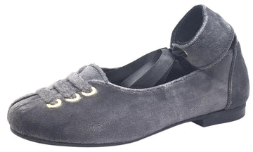 Luccini Girl's Grey Velvet Leather Lined Ankle Wrap with Ribbon Tie Dress Flats