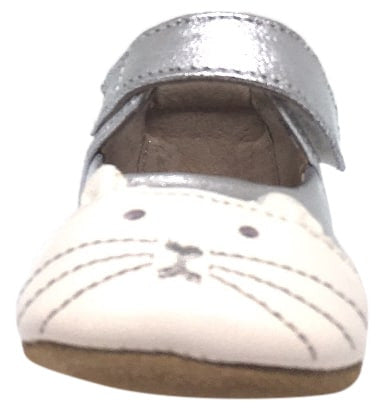 Livie & Luca Girl's Kitten Platinum Silver Smooth Leather Kitten Character T-Strap Shoe with Hook and Loop Closure