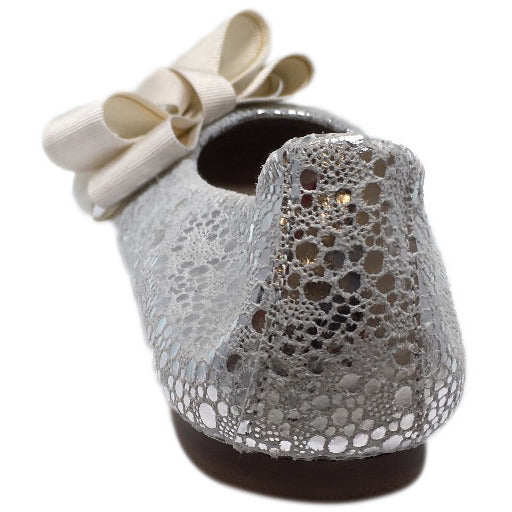 Papanatas by Eli Girl's Bright Silver Sparkle Metallic Bow Detail Slip On Ballet Flats - Just Shoes for Kids
 - 4