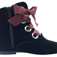 Hoo Shoes Girl's Ribbon Lace-Up Booties, Black Velvet with