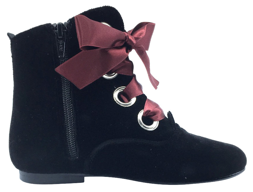 Hoo Shoes Girl's Ribbon Lace-Up Booties, Black Velvet with Burgundy Ribbon