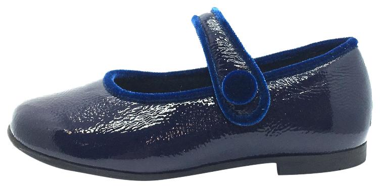 Luccini Girl's Navy Patent Crinkle Leather Mary Jane Flats with Trim