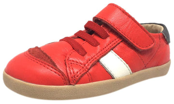 Old Soles Boy's and Girl's Red Leather DeBoy Elastic Lace Hook and Loop Side Stripe Slip On Sneaker