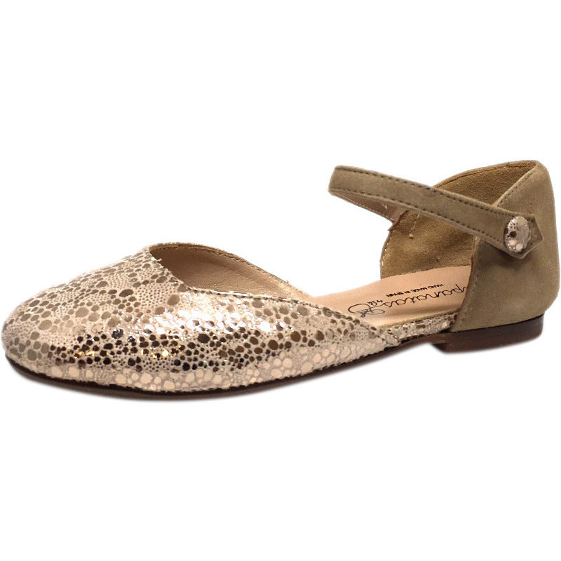 Papanatas by Eli Girl's Taupe Soft Suede Metallic Ankle Strap Ballet Flat Mary Jane - Just Shoes for Kids
 - 1