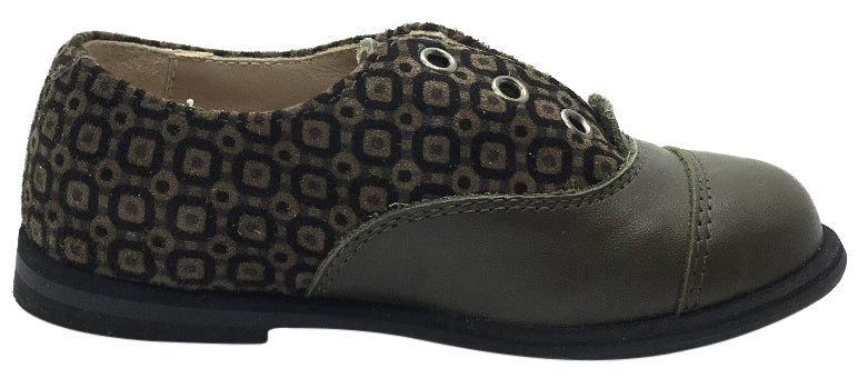 Manuela de Juan Boy's & Girl's Lucio Military Green Smooth and Suede Printed Leather Oxford Shoes