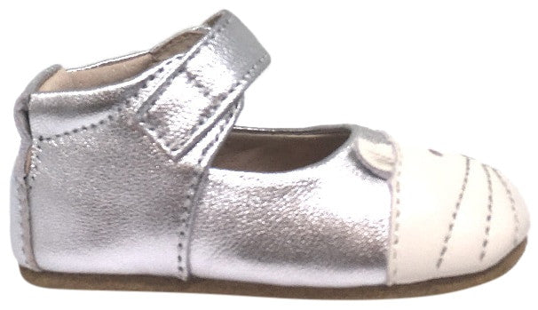 Livie & Luca Girl's Kitten Platinum Silver Smooth Leather Kitten Character T-Strap Shoe with Hook and Loop Closure
