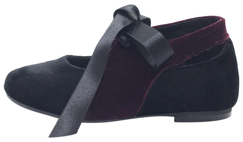 Luccini Girl's Burgundy & Black Two Tone Velvet Ribbon Bow Tie Lace Up Flats