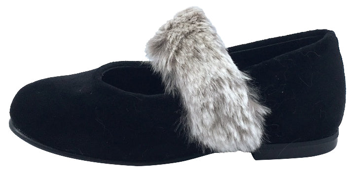 Luccini Girl's Slip-On Mary Jane with Fur Trim (Black Suede)