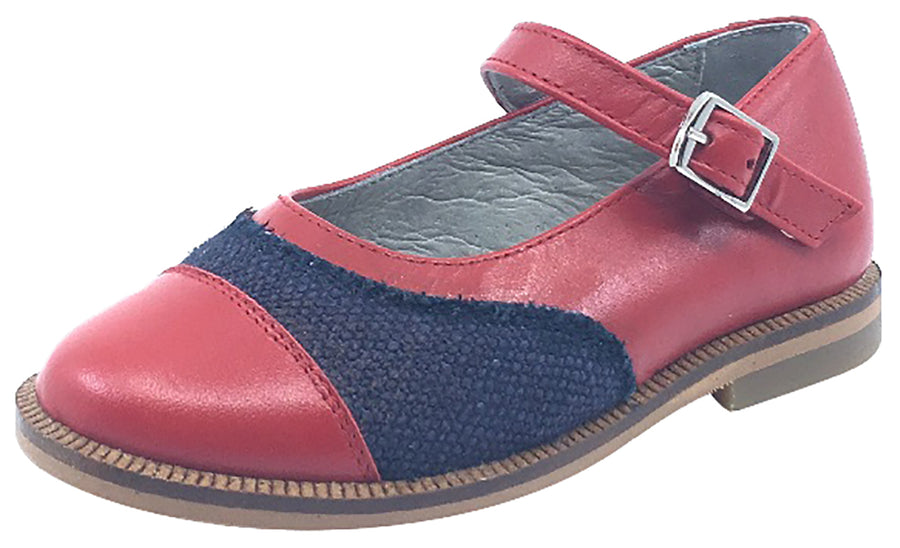 Luccini Girl's Red Smooth Leather and Denim Adjustable Buckle Mary Jane