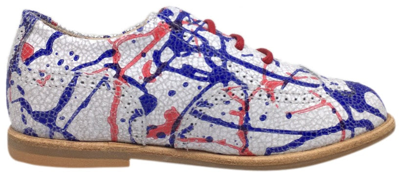 Manuela de Juan Girl's & Boy's British White Camara Red Blue Leather Mosaic Paint Lace Up Oxford Shoe