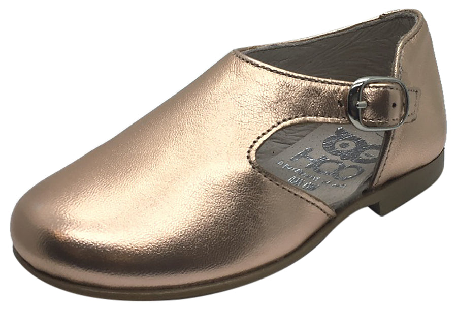 Hoo Shoes Girl's Rose Gold Metallic Leather Single Strap Buckle with Side Cut-Out Oxford Shoes