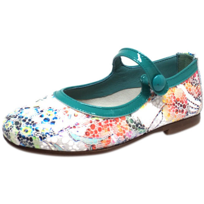 Papanatas by Eli Girl's Grey Teal Metallic Floral Print Mary Janes Button Flats - Just Shoes for Kids
 - 1