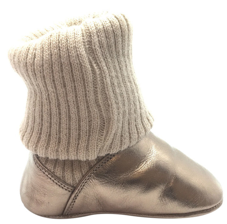 Tip Toey Joey Girl's Beany Gold Sparkle Coconut Metallic Leather and Knit Foldover Slipper Boot