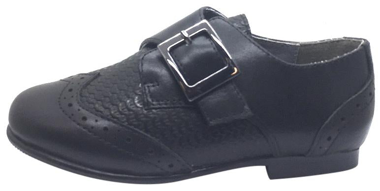 Venettini Boy's Marty Black Leather Basket Weave with Penguin Toe Single Hook and Loop Strap Oxford Loafer