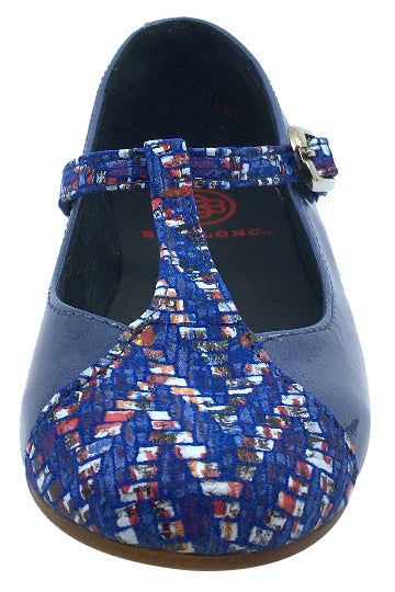 BluBlonc Girl's Denim Blue Patent Leather T-Strap Mosaic Printed Mary Jane Flat Shoe