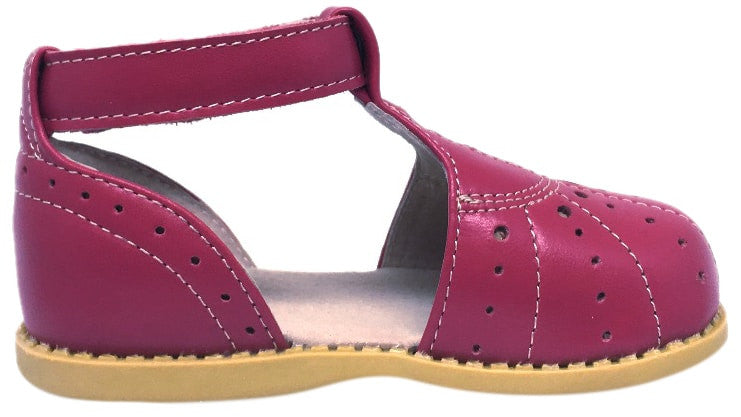 Livie & Luca Girl's Palma Hot Pink Perforated Leather T-Strap Style Ankle Strap Hook and Loop Mary Jane Shoe