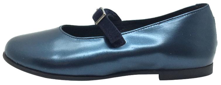 Luccini Girl's Metallic Blue Smooth Leather Mary Jane Flats with Navy Suede Buckle Hook and Loop Strap