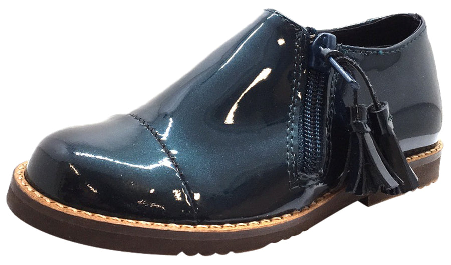 Luccini Boy's & Girl's Teal Patent Leather Tassled Zipper Loafer Flats with Natural Sole