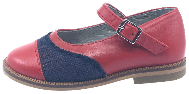 Luccini Girl's Red Smooth Leather and Denim Adjustable Buckle Mary Jane