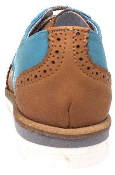 Hoo Shoes Boy's Tan & Turquoise Ralph's Smooth Leather Lace Up Platform Tip Oxford Shoe