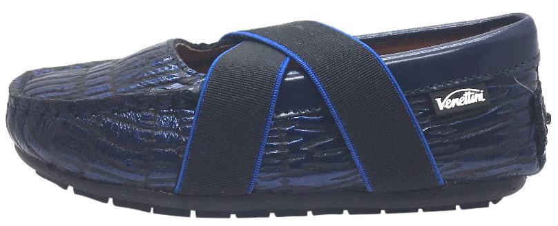 Venettini Girl's Daisy Cobalt Blue Cracked Embossed Leather with Criss-Cross Elastic Strap Moccasin Shoe