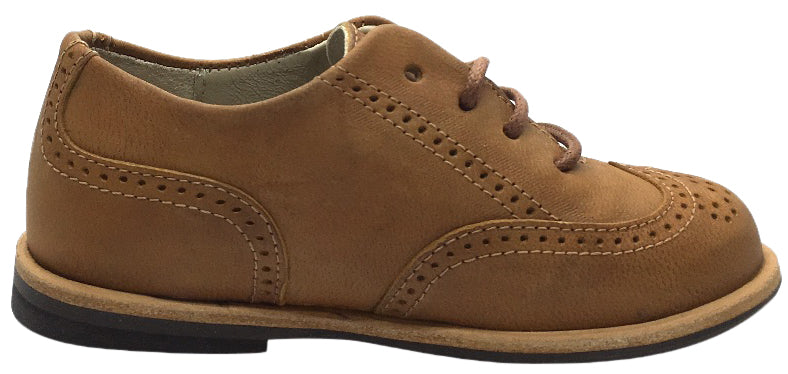 Manuela de Juan Boy's & Girl's British Distressed Tan Leather Lace Up Oxford Shoes with Perforated Penguin Toe