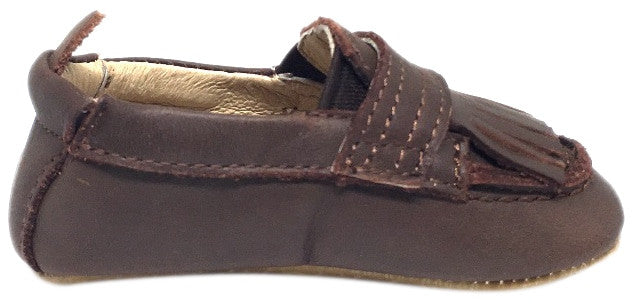 Old Soles Boy's and Girl's Distressed Brown Leather Bambini Domain Tassel Fringe Loafer Crib Walker Baby Shoe