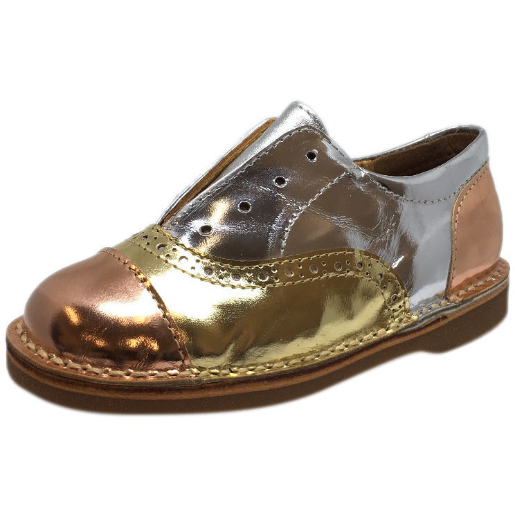 Papanatas by Eli Girl's Silver and Gold Metallic Slip On Oxford Loafer Shoes - Just Shoes for Kids
 - 1