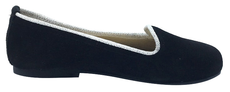 ChildrenChic Girl's Ballet Flat, Black Suede with Silver Piping Trim