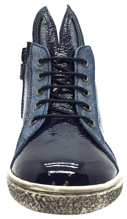 Zubii Girl's Navy Patent Leather Bunny High Top Sneaker with Distressed Sole