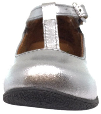 Umi Silver Patent Leather T-Strap Studded Mary Jane Flats