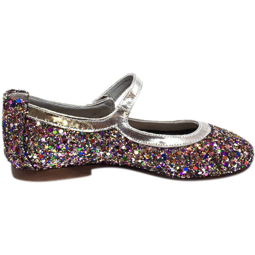 Papanatas by Eli Girl's Bright Silver Multi Glitter Mary Janes Button Flats - Just Shoes for Kids
 - 5