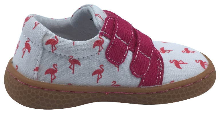 Livie & Luca Girl's Peppy Flamingo Printed White Textile Mary Jane with Double Hook and Loop Straps Flat Shoe