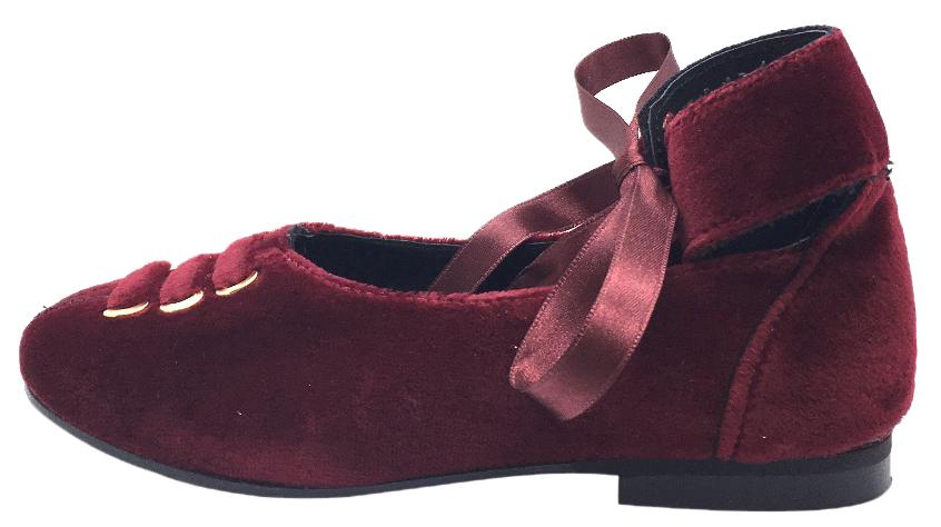 Luccini Girl's Burgundy Velvet Leather Lined Ankle Wrap with Ribbon Tie Dress Flats