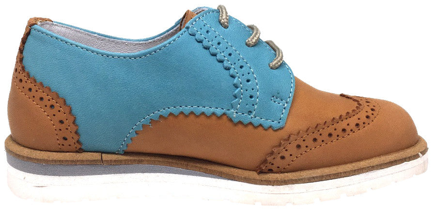 Hoo Shoes Boy's Tan & Turquoise Ralph's Smooth Leather Lace Up Platform Tip Oxford Shoe