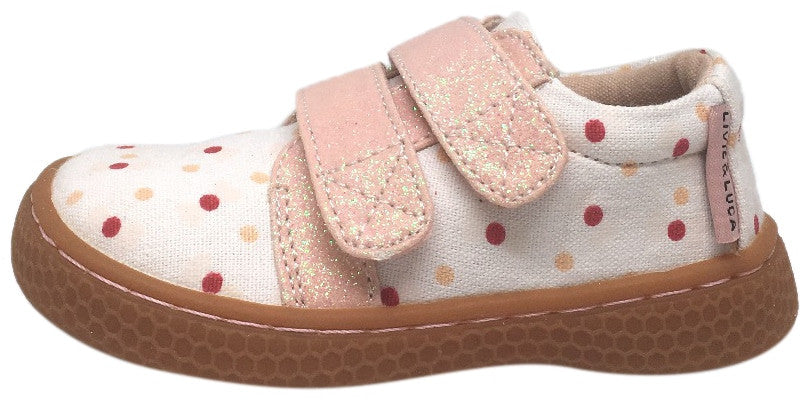 Livie & Luca Girl's Peppy White Pink Canvas Polka Dot Sparkle Double Hook and Loop Sneaker Shoe