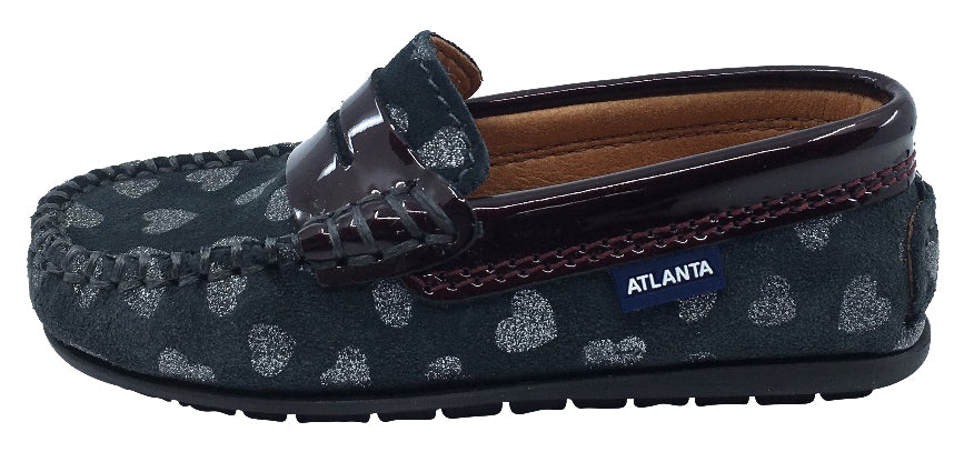 Atlanta Mocassin Girl's Suede and Patent Heart Print Penny Loafers, Grey Suede/Burgundy Patent