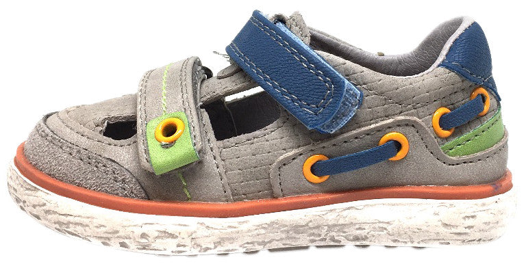 BKO Boy's Bandi II Grey and Blue Canvas Double Hook and Loop Strap Partially Open Sneaker Shoe