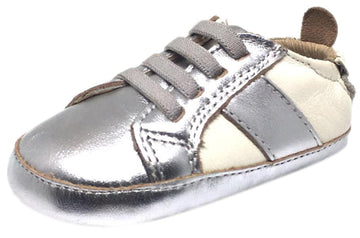 Old Soles Boy's and Girl's Silver White Leather Gig Shoe Stripe Elastic Lace Slip On Crib Walker Baby Shoe