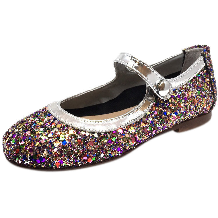 Papanatas by Eli Girl's Bright Silver Multi Glitter Mary Janes Button Flats - Just Shoes for Kids
 - 1