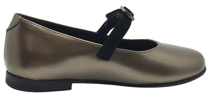 Luccini Girl's Gold Smooth Leather Mary Jane Flats with Suede Buckle Hook and Loop Strap