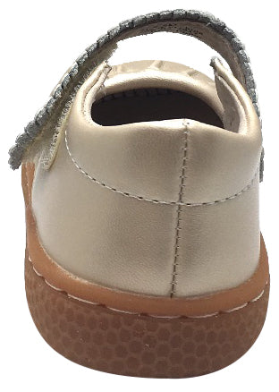 Livie & Luca Girl's Ruche Ruffled Champagne Shimmer Leather Hook and Loop Mary Jane Shoe