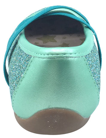 Livie & Luca Girl's Aurora Turquoise Shimmer Blue with Trim Slip On Ballet Flat with Criss-Crossing Elastic Straps
