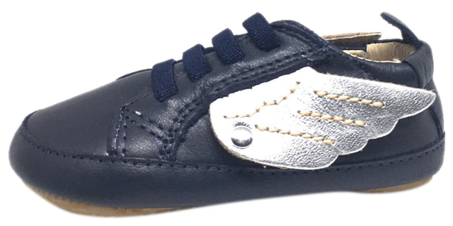 Old Soles Boy's and Girl's Navy & Silver Winged Leather Bambini Wings Elastic Lace Slip On Crib Walker Baby Shoe