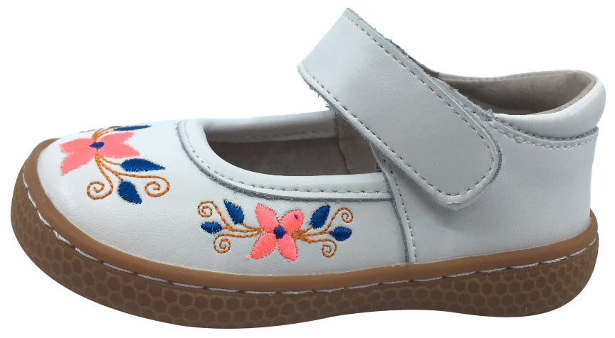 Livie & Luca Girl's Frida Bright White Leather with Floral Embroidery Mary Jane Flat Shoes