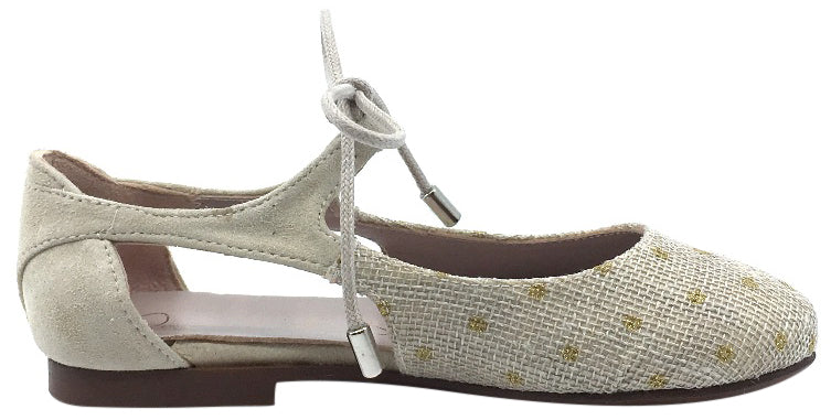Papanatas by Eli Girl's Gold Polka Dot Beige Linen & Suede Lace Up Mary Jane Flats with Side Cutouts