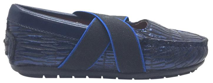 Venettini Girl's Daisy Cobalt Blue Cracked Embossed Leather with Criss-Cross Elastic Strap Moccasin Shoe