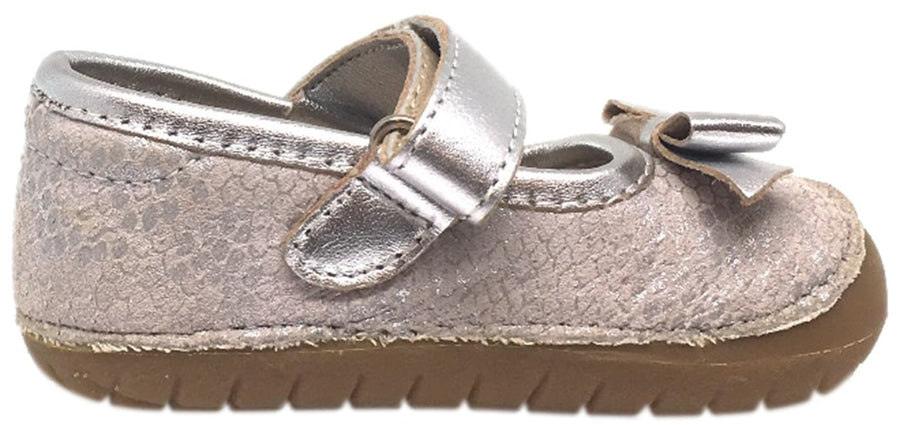 Old Soles Girl's Pave Gabs Jane Python Silver Leather Hook and Loop Bow Mary Jane Walking Shoe