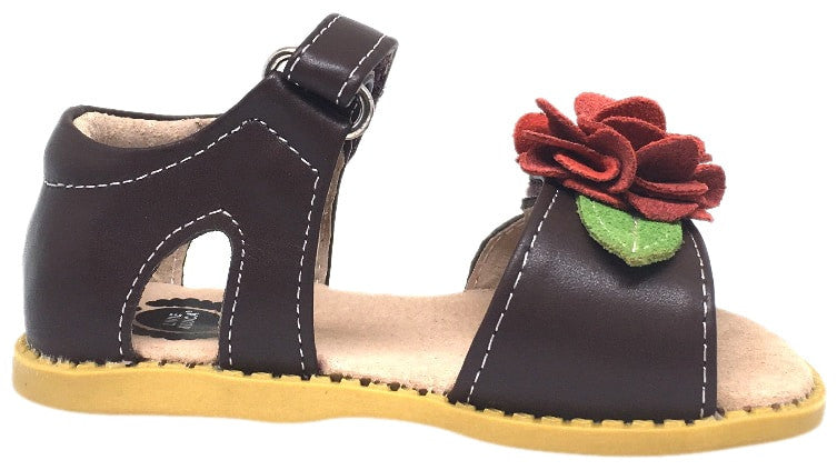 Livie & Luca Girl's Camille Brown Leather Suede Flower Hook and Loop Open Toe Sandal